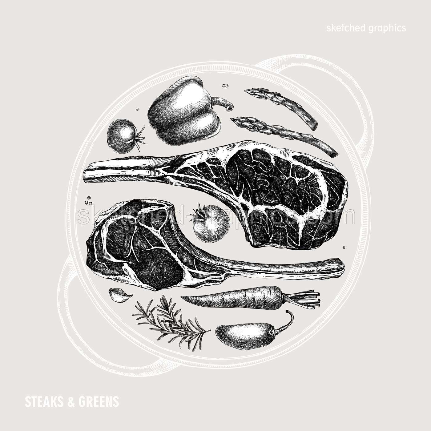 Vintage-style healthy food vector illustration. Meat and vegetables hand drawn design. Tomahawk steak plate vector sketches. NOT AI generated Illustration